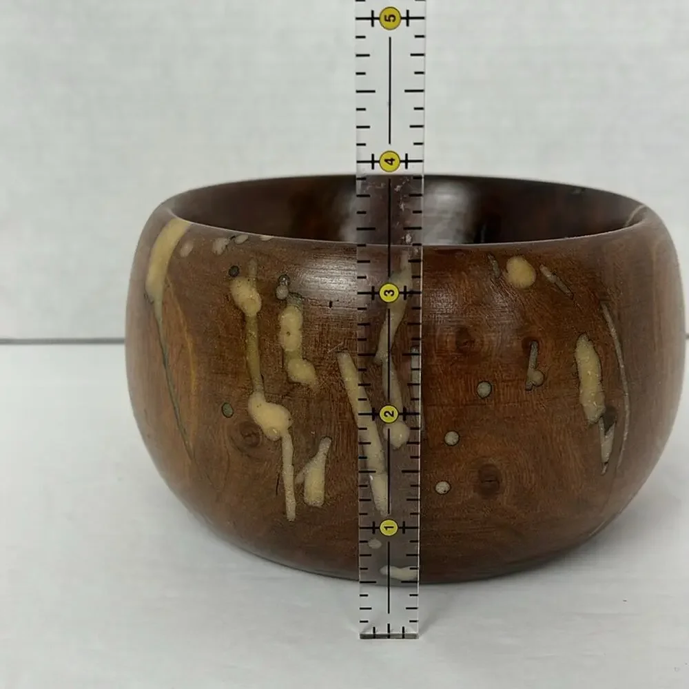 Unique Brown Wooden Bowl with Tan Inlay 6 x 3.5 Inches